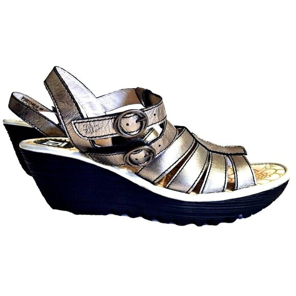 Fly London Women's 9 Bronze Gold Metallic Strappy Sandals 2.5" Wedge Hook & Loop - Picture 5 of 9